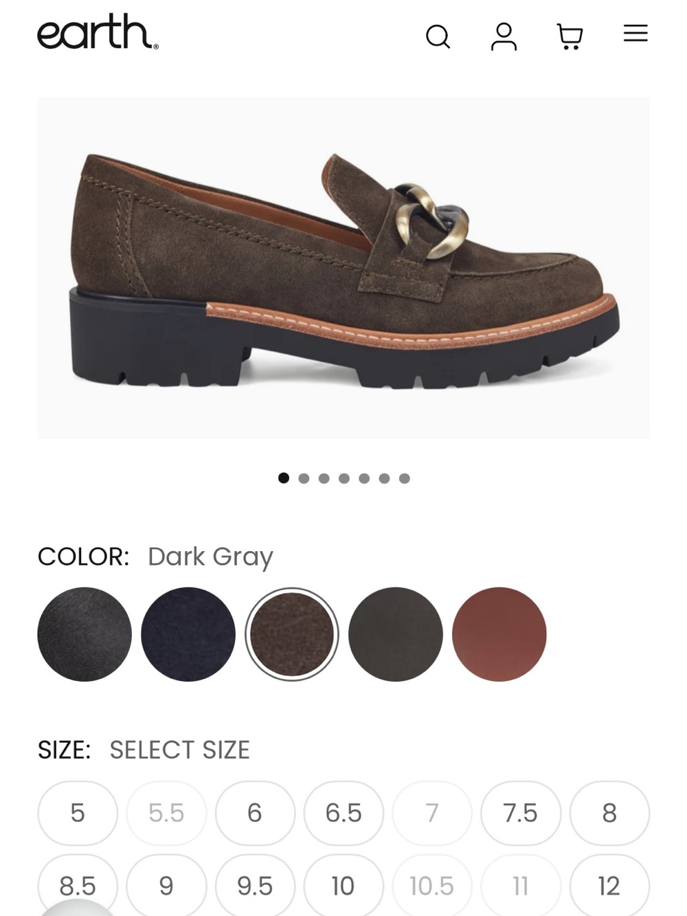 Earth dark gray suede loafer with gold-tone chain